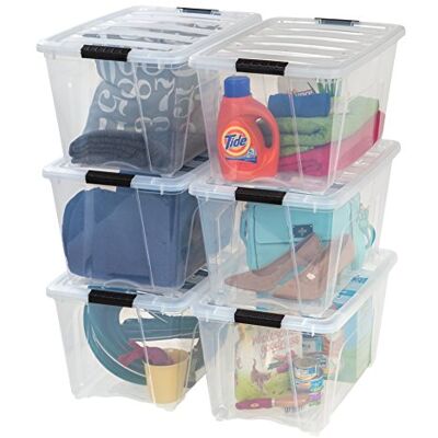 IRIS USA Lot de 6 bacs de rangement fourre-tout en plastique avec couvercle durable et boucles de verrouillage sécurisées, empilables et emboîtables, transparent avec boucle noire IRIS USA Lot de 6 bacs de rangement fourre-tout en plastique avec couvercle durable et boucles de verrouillage sécurisées, empilables et emboîtables, transparent avec boucle noire