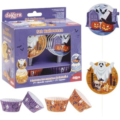 dekora Lot de 24 capsules et 24 décorations pour Halloween, moules à muffins, passent au four, 24 capsules et 24 toppers, décorations Halloween de pâtisserie pour célébrer dekora Lot de 24 capsules et 24 décorations pour Halloween, moules à muffins, passent au four, 24 capsules et 24 toppers, décorations Halloween de pâtisserie pour célébrer