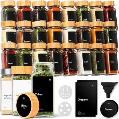 KIVY Lot de 24 pots à épices carrés hermétiques avec couvercle en bambou noir (24 x 120 ml) + 240 étiquettes étanches KIVY Lot de 24 pots à épices carrés hermétiques avec couvercle en bambou noir (24 x 120 ml) + 240 étiquettes étanches