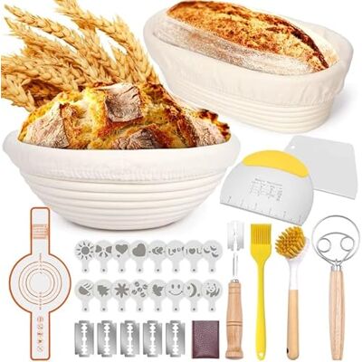 MKAKYES Banneton pour Pain, Kit Boulanger Levain 10 Pièces, Corbeille à Pain (23 cm Ronde et 25 cm Ovale) avec Grattoir à Pâte, Mélangeur à Pâte, Lame Boulanger, les Boulangers Expérimentés MKAKYES Banneton pour Pain, Kit Boulanger Levain 10 Pièces, Corbeille à Pain (23 cm Ronde et 25 cm Ovale) avec Grattoir à Pâte, Mélangeur à Pâte, Lame Boulanger, les Boulangers Expérimentés