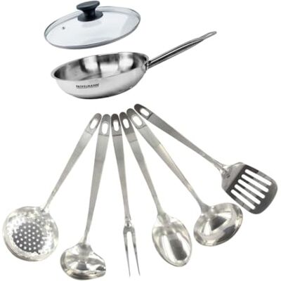 Fackelmann 9439950 Set poêle 20 cm en inox 18/8, Couvercle verre et 6 ustensiles inox, Poêle tous feux, Poêle induction, Poêle sans PFAS, Manche riveté, Inox, Verre, 20 cm Fackelmann 9439950 Set poêle 20 cm en inox 18/8, Couvercle verre et 6 ustensiles inox, Poêle tous feux, Poêle induction, Poêle sans PFAS, Manche riveté, Inox, Verre, 20 cm