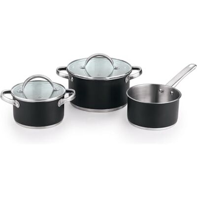 San Ignacio Batterie de cuisine 5 pièces (2 casseroles Ø20, Ø24 cm avec couvercle + casserole Ø16) acier avec revêtement induction San Ignacio Batterie de cuisine 5 pièces (2 casseroles Ø20, Ø24 cm avec couvercle + casserole Ø16) acier avec revêtement induction