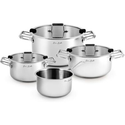 H&H by Bruno Barbieri, Batterie de cuisine 7 pièces, Mithos, acier inoxydable 18/10, casseroles avec triple fond et couvercles en verre, convient à tous les étages de cuisson H&H by Bruno Barbieri, Batterie de cuisine 7 pièces, Mithos, acier inoxydable 18/10, casseroles avec triple fond et couvercles en verre, convient à tous les étages de cuisson