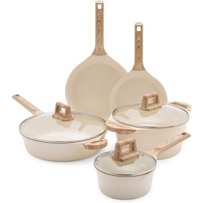 GreenChef Arte Batterie de cuisine 8 pièces, avec revêtement en céramique, poêles, sauteuses, marmites à soupe, sans PFAS, adaptées à l'induction, poignée en bois, blanc crème GreenChef Arte Batterie de cuisine 8 pièces, avec revêtement en céramique, poêles, sauteuses, marmites à soupe, sans PFAS, adaptées à l'induction, poignée en bois, blanc crème