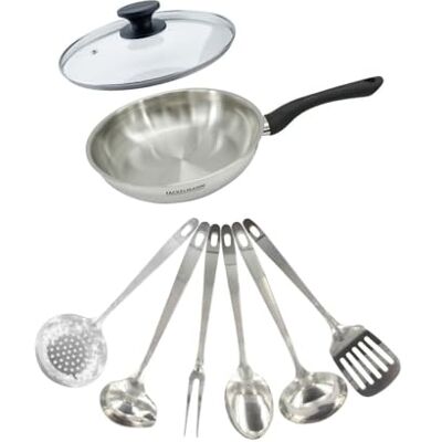 Fackelmann Set poêle inox 24 cm, couvercle verre et 6 ustensiles inox Fackelmann Set poêle inox 24 cm, couvercle verre et 6 ustensiles inox