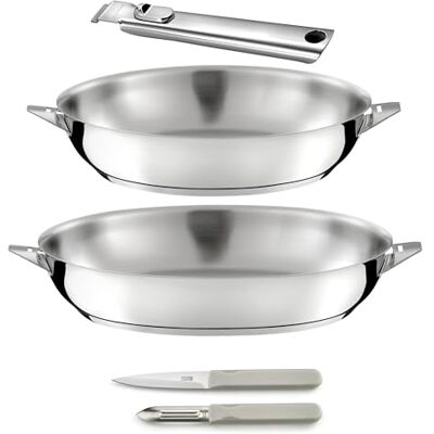 Cuisinox Eclipse Set cuisson et coutellerie Poêles 24/28 cm inox, éplucheur et couteau office Poignée amovible inox Compatible tous feux dont induction Cuisinox Eclipse Set cuisson et coutellerie Poêles 24/28 cm inox, éplucheur et couteau office Poignée amovible inox Compatible tous feux dont induction