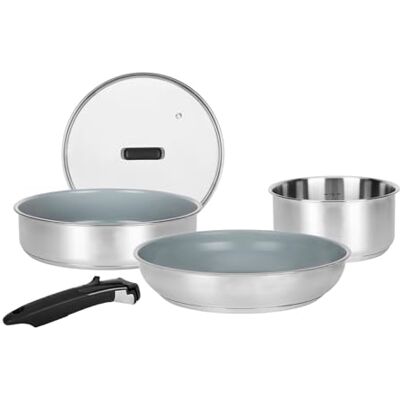 Sitram 716744 Batterie de Cuisine inox 5 pcs : 1 manche amovible, 1 casserole Ø18cm, 1 Poêle Ø28cm, 1 Sauteuse Ø24cm, 1 Couv verre Revêtement Antiadhésif Sain en Céramique Tous feux dont induction Sitram 716744 Batterie de Cuisine inox 5 pcs : 1 manche amovible, 1 casserole Ø18cm, 1 Poêle Ø28cm, 1 Sauteuse Ø24cm, 1 Couv verre Revêtement Antiadhésif Sain en Céramique Tous feux dont induction