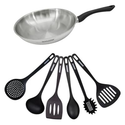Fackelmann 9441050 Set poêle 28 cm en inox 18/8 et 6 ustensiles RPET, Poêle de cuisson, Poêle tous feux, Poêle induction, Poêle sans PFAS, Acier inoxydable 18/8, RPET, 28 cm Fackelmann 9441050 Set poêle 28 cm en inox 18/8 et 6 ustensiles RPET, Poêle de cuisson, Poêle tous feux, Poêle induction, Poêle sans PFAS, Acier inoxydable 18/8, RPET, 28 cm