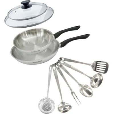 Fackelmann 9445850 Set 2 poêles 24 et 28 cm en inox 18/8, 2 Couvercles verre et 6 ustensiles inox, Poêle tous feux, Poêle induction, Poêle sans PFAS, Acier inoxydable 18/8, Verre, 24 et 28 cm Fackelmann 9445850 Set 2 poêles 24 et 28 cm en inox 18/8, 2 Couvercles verre et 6 ustensiles inox, Poêle tous feux, Poêle induction, Poêle sans PFAS, Acier inoxydable 18/8, Verre, 24 et 28 cm