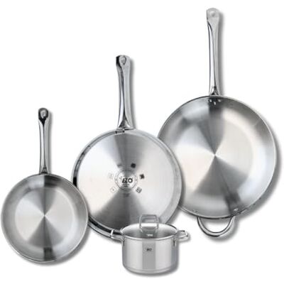 ELO 9510950 Batterie de cuisine 4 pièces, Ensemble de 3 Poêles de cuisson 24, 28 et 32 cm et 1 faitout 14 cm Profi Citrin, inox, induction ELO 9510950 Batterie de cuisine 4 pièces, Ensemble de 3 Poêles de cuisson 24, 28 et 32 cm et 1 faitout 14 cm Profi Citrin, inox, induction