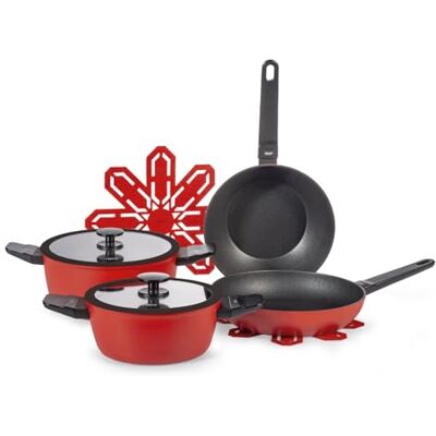 H&H Batterie de cuisine 7 pièces Accord en aluminium avec revêtement antiadhésif Pfluon Rouge, casseroles et casseroles avec couvercles en verre, fond universel pour tous les plans de cuisson H&H Batterie de cuisine 7 pièces Accord en aluminium avec revêtement antiadhésif Pfluon Rouge, casseroles et casseroles avec couvercles en verre, fond universel pour tous les plans de cuisson