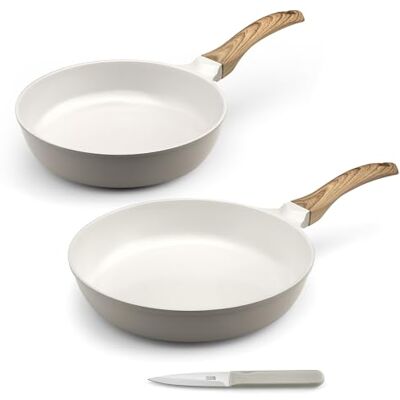 Cuisinox Mythic Set cuisson et coutellerie Pôele 24/28 cm, couteau office Revêtement en céramique blanche Poignée Fixe Soft Touch effet bois Sans PFOA et PFAS Cuisinox Mythic Set cuisson et coutellerie Pôele 24/28 cm, couteau office Revêtement en céramique blanche Poignée Fixe Soft Touch effet bois Sans PFOA et PFAS