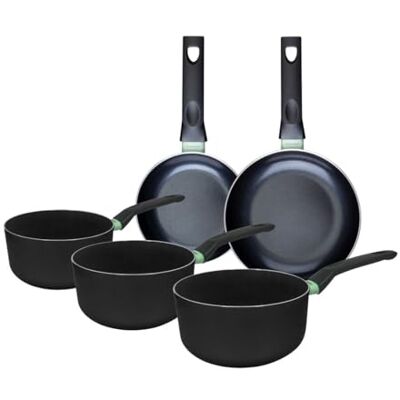 Fackelmann 9430550 Ensemble de 2 poêles de 16 et 20 cm et 3 casseroles 16, 18 et 20 cm, revêtement céramique antiadhésif, sans PFAS, tous feux, induction, four, Aluminium, Noir, Vert Fackelmann 9430550 Ensemble de 2 poêles de 16 et 20 cm et 3 casseroles 16, 18 et 20 cm, revêtement céramique antiadhésif, sans PFAS, tous feux, induction, four, Aluminium, Noir, Vert
