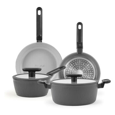 H&H by Bruno Barbieri Batterie de casseroles Explore, 6 pièces aluminium avec revêtement antiadhésif, poêles et casseroles, couvercle en verre avec silicone, adapté à tous les plans de cuisson H&H by Bruno Barbieri Batterie de casseroles Explore, 6 pièces aluminium avec revêtement antiadhésif, poêles et casseroles, couvercle en verre avec silicone, adapté à tous les plans de cuisson