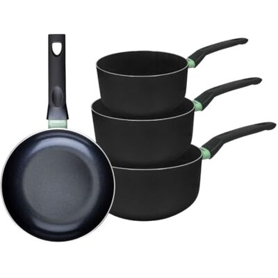Fackelmann 9430150 Ensemble de 1 poêle de 20 cm et 3 casseroles 16, 18 et 20 cm, revêtement céramique antiadhésif, sans PFAS, tous feux, induction, four, Aluminium, Noir, Vert Fackelmann 9430150 Ensemble de 1 poêle de 20 cm et 3 casseroles 16, 18 et 20 cm, revêtement céramique antiadhésif, sans PFAS, tous feux, induction, four, Aluminium, Noir, Vert