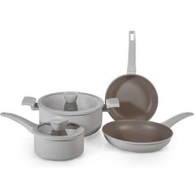 H&H Batterie de cuisine 6 pièces Alma en aluminium avec revêtement antiadhésif Pfluon gris, casseroles, poêles et couvercles en verre avec silicone, convient à tous les plans de cuisson H&H Batterie de cuisine 6 pièces Alma en aluminium avec revêtement antiadhésif Pfluon gris, casseroles, poêles et couvercles en verre avec silicone, convient à tous les plans de cuisson