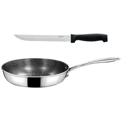 Cuisinox Virtuo Poêle 24 cm, couteau à découper 20 cm Fond triply, revêtement antiadhérent Compatible tous feux dont induction Finition satinée Sans PFOA et PFAS Made in France Cuisinox Virtuo Poêle 24 cm, couteau à découper 20 cm Fond triply, revêtement antiadhérent Compatible tous feux dont induction Finition satinée Sans PFOA et PFAS Made in France