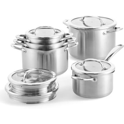 Blue Diamond BK Twist Batterie de cuisine 5 pièces en acier inoxydable avec couvercles : casserole et 4 casseroles, système d'égouttement intégré, empilable, induction, four 220 °C, lave-vaisselle Blue Diamond BK Twist Batterie de cuisine 5 pièces en acier inoxydable avec couvercles : casserole et 4 casseroles, système d'égouttement intégré, empilable, induction, four 220 °C, lave-vaisselle
