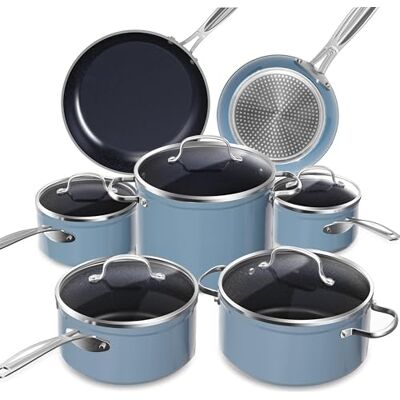 Nuwave Lot de 12 casseroles G10 en céramique Duralon Blue en bleu confortable, compatible avec induction, batterie de cuisine avec couvercles, lot de casseroles et poêles, sûr et sans PFAS Nuwave Lot de 12 casseroles G10 en céramique Duralon Blue en bleu confortable, compatible avec induction, batterie de cuisine avec couvercles, lot de casseroles et poêles, sûr et sans PFAS