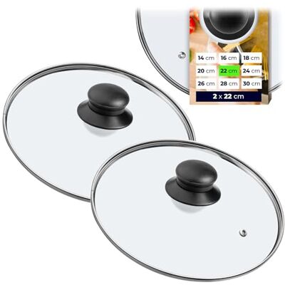 KADAX Lot de 2 couvercles en verre de 22 cm de diamètre Résistants à la chaleur Avec poignée Pour casseroles et poêles Ajustement universel KADAX Lot de 2 couvercles en verre de 22 cm de diamètre Résistants à la chaleur Avec poignée Pour casseroles et poêles Ajustement universel