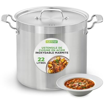 NutriChef Marmite Inox 24 QT (22 L) avec Couvercle – Faitout Professionnel en Acier Inoxydable 18/8 – Grande Marmite à Soupe, Bouillon – Tous Feux dont Induction – Lave-vaisselle NutriChef Marmite Inox 24 QT (22 L) avec Couvercle – Faitout Professionnel en Acier Inoxydable 18/8 – Grande Marmite à Soupe, Bouillon – Tous Feux dont Induction – Lave-vaisselle