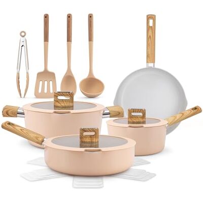 NutriChef Ensemble de Cuisine Céramique 14 Pièces Induction – Batterie de Cuisine Antiadhésive Aluminium Bec Verseur Couvercles en Verre Drainage Poignées Effet Bois Rose NutriChef Ensemble de Cuisine Céramique 14 Pièces Induction – Batterie de Cuisine Antiadhésive Aluminium Bec Verseur Couvercles en Verre Drainage Poignées Effet Bois Rose