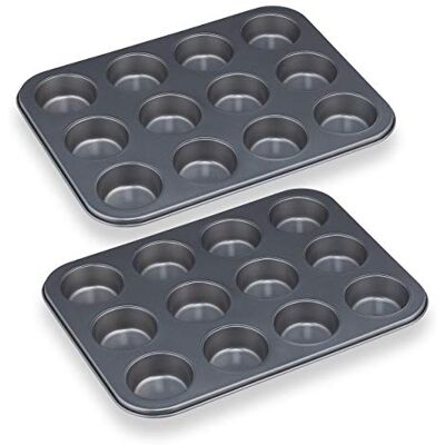 Relaxdays Moule muffin, lot de 2, plaques de 12, revêtement antiadhésif, acier au carbone, cupcakes, Ø 6,5 cm, gris Relaxdays Moule muffin, lot de 2, plaques de 12, revêtement antiadhésif, acier au carbone, cupcakes, Ø 6,5 cm, gris
