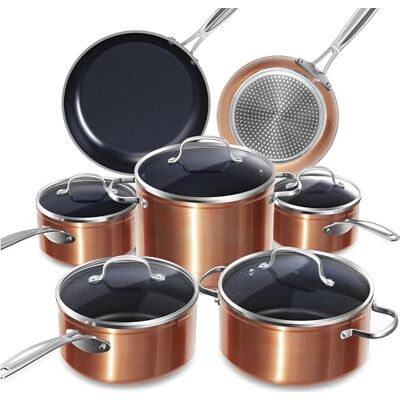 Nuwave Lot de 12 casseroles en céramique Duralon Blue en cuivre rustique, compatibles avec induction, batterie de cuisine avec couvercles, lot de casseroles et poêles, sûr et sans PFAS Nuwave Lot de 12 casseroles en céramique Duralon Blue en cuivre rustique, compatibles avec induction, batterie de cuisine avec couvercles, lot de casseroles et poêles, sûr et sans PFAS
