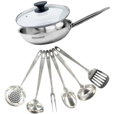 Fackelmann 9440150 Set poêle 28 cm en inox 18/8, Couvercle verre et 6 ustensiles inox, Poêle tous feux, Poêle induction, Poêle sans PFAS, Manche riveté, Inox, Verre, 28 cm Fackelmann 9440150 Set poêle 28 cm en inox 18/8, Couvercle verre et 6 ustensiles inox, Poêle tous feux, Poêle induction, Poêle sans PFAS, Manche riveté, Inox, Verre, 28 cm