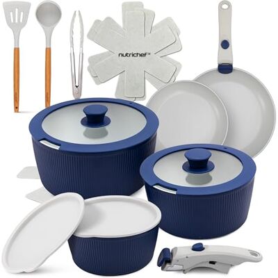 NutriChef Batterie de Cuisine 18 Pièces Céramique – Casseroles et Poêles Antiadhésives avec Poignées Amovibles, Revêtement sans PTFE, Gain de Place NutriChef Batterie de Cuisine 18 Pièces Céramique – Casseroles et Poêles Antiadhésives avec Poignées Amovibles, Revêtement sans PTFE, Gain de Place