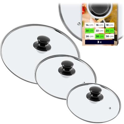 KADAX Lot de couvercles universels en verre avec poignée, résistants à la chaleur, de différentes tailles, pour casserole, poêle, 20 + 24 + 28 cm, poignée noire brillante KADAX Lot de couvercles universels en verre avec poignée, résistants à la chaleur, de différentes tailles, pour casserole, poêle, 20 + 24 + 28 cm, poignée noire brillante