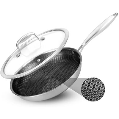 NutriChef Poêle à Frire Inox 25 cm – Revêtement Antiadhésif Renforcé – Surface Nid d’Abeille Antirayures – Ustensile 3 Couches Tous Feux Dont Induction NutriChef Poêle à Frire Inox 25 cm – Revêtement Antiadhésif Renforcé – Surface Nid d’Abeille Antirayures – Ustensile 3 Couches Tous Feux Dont Induction