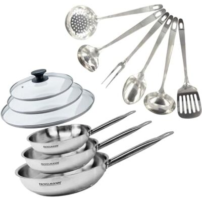 Fackelmann 9440550 Set de 3 poêles 20, 24 et 28 cm en inox 18/8, 3 Couvercles verre et 6 ustensiles inox, Poêle tous feux, Poêle induction, Poêle sans PFAS, Manche riveté, Inox, Verre, 20 24 et 28 cm Fackelmann 9440550 Set de 3 poêles 20, 24 et 28 cm en inox 18/8, 3 Couvercles verre et 6 ustensiles inox, Poêle tous feux, Poêle induction, Poêle sans PFAS, Manche riveté, Inox, Verre, 20 24 et 28 cm