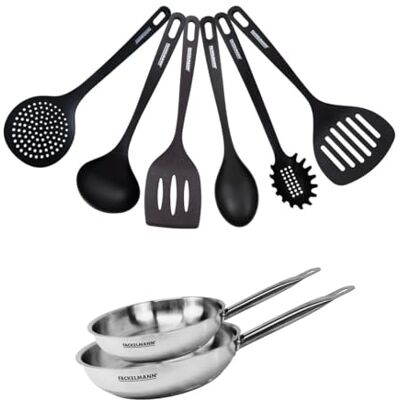 Fackelmann 9438450 2 poêles 20 et 24 cm Acier inox 18/8 et 6 ustensiles Eterna, Poêle tous feux, Poêle induction, Poêle sans PFAS, Manche riveté, Inox, Plastique, 20 et 24 cm Fackelmann 9438450 2 poêles 20 et 24 cm Acier inox 18/8 et 6 ustensiles Eterna, Poêle tous feux, Poêle induction, Poêle sans PFAS, Manche riveté, Inox, Plastique, 20 et 24 cm