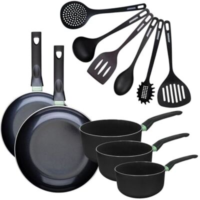 Fackelmann 9433050 Set 2 poêles 24 et 28 cm, 3 casseroles 16 à 20 cm et 6 ustensiles, poêle antiadhésive, sans PFAS, revêtement céramique, tous feux, induction, Aluminium, RPET, Noir, Vert, 16 à 28 cm Fackelmann 9433050 Set 2 poêles 24 et 28 cm, 3 casseroles 16 à 20 cm et 6 ustensiles, poêle antiadhésive, sans PFAS, revêtement céramique, tous feux, induction, Aluminium, RPET, Noir, Vert, 16 à 28 cm