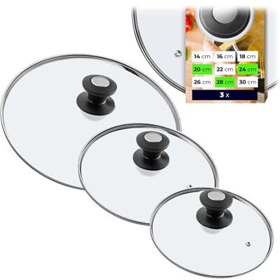 KADAX Lot de 3 couvercles universels en verre Diamètre : 20/24/28 cm Résistants à la chaleur Poignée noir/argenté Pour casseroles et poêles, cuisson instantanée et protection KADAX Lot de 3 couvercles universels en verre Diamètre : 20/24/28 cm Résistants à la chaleur Poignée noir/argenté Pour casseroles et poêles, cuisson instantanée et protection