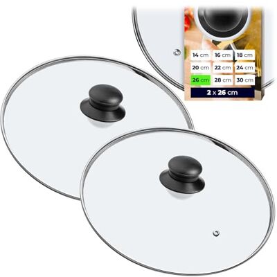 KADAX Lot de couvercles en verre, couvercle en verre, Ø 14-30 cm, couvercle résistant à la chaleur pour casserole, poêle, couvercle de poêle avec poignée en plastique, couvercle universel (2 x 26 cm) KADAX Lot de couvercles en verre, couvercle en verre, Ø 14-30 cm, couvercle résistant à la chaleur pour casserole, poêle, couvercle de poêle avec poignée en plastique, couvercle universel (2 x 26 cm)