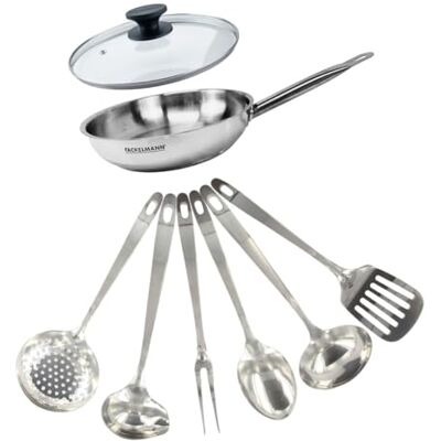 Fackelmann 9440050 Set poêle 24 cm en inox 18/8, Couvercle verre et 6 ustensiles inox, Poêle tous feux, Poêle induction, Poêle sans PFAS, Manche riveté, Inox, Verre, 24 cm Fackelmann 9440050 Set poêle 24 cm en inox 18/8, Couvercle verre et 6 ustensiles inox, Poêle tous feux, Poêle induction, Poêle sans PFAS, Manche riveté, Inox, Verre, 24 cm