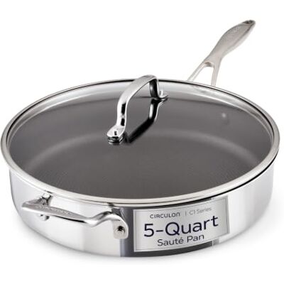 Circulon Sauteuse antiadhésive en acier inoxydable avec technologie ScratchDefense C1 Series avec couvercle et poignée d'aide, compatible avec les ustensiles en métal, 5 litres, acier inoxydable poli Circulon Sauteuse antiadhésive en acier inoxydable avec technologie ScratchDefense C1 Series avec couvercle et poignée d'aide, compatible avec les ustensiles en métal, 5 litres, acier inoxydable poli