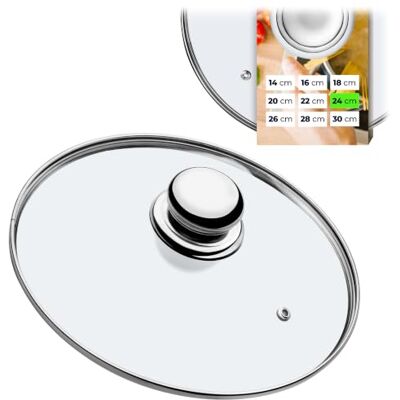 KADAX Couvercle en verre avec poignée en acier, résistant à la chaleur pour casseroles ⌀14-30cm, trou de vapeur, universel en différentes tailles (24cm) KADAX Couvercle en verre avec poignée en acier, résistant à la chaleur pour casseroles ⌀14-30cm, trou de vapeur, universel en différentes tailles (24cm)