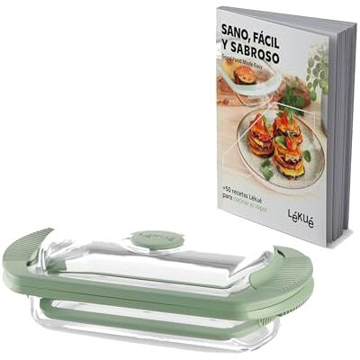 Lékué Coffret vapeur en verre transparent avec livre de recettes en espagnol pour 2 personnes, 750 ml Lékué Coffret vapeur en verre transparent avec livre de recettes en espagnol pour 2 personnes, 750 ml