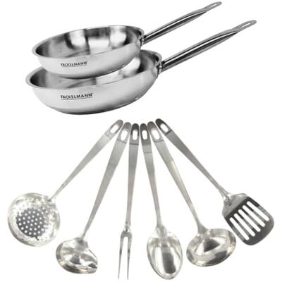 Fackelmann 9439750 Set 2 poêles de 24 et 28 cm inox 18/8 et 6 ustensiles inox, Poêle tous feux, Poêle induction, Poêle sans PFAS, Manche riveté, Inox, 24 et 28 cm Fackelmann 9439750 Set 2 poêles de 24 et 28 cm inox 18/8 et 6 ustensiles inox, Poêle tous feux, Poêle induction, Poêle sans PFAS, Manche riveté, Inox, 24 et 28 cm