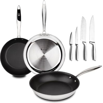 MasterPRO Argent 3 Lot de 4 poêles et couteaux en acier inoxydable haute performance 28, 24 et 20 cm – Lot de 4 couteaux en acier inoxydable, surface mate et poignée sûre MasterPRO Argent 3 Lot de 4 poêles et couteaux en acier inoxydable haute performance 28, 24 et 20 cm – Lot de 4 couteaux en acier inoxydable, surface mate et poignée sûre