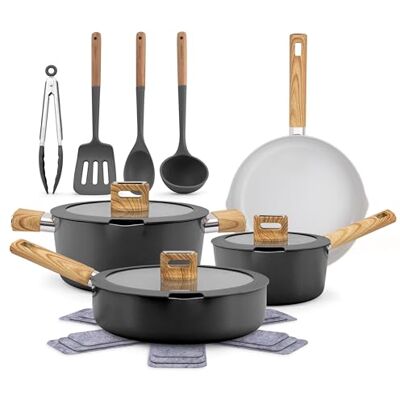 NutriChef Ensemble de Cuisine Céramique 14 Pièces Induction – Batterie de Cuisine Antiadhésive Aluminium Répartition Uniforme de la Chaleur Couvercles en Verre Poignées Toucher Froid Noir NutriChef Ensemble de Cuisine Céramique 14 Pièces Induction – Batterie de Cuisine Antiadhésive Aluminium Répartition Uniforme de la Chaleur Couvercles en Verre Poignées Toucher Froid Noir