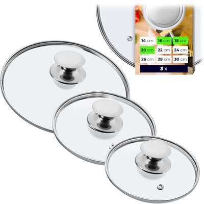 KADAX Lot de 3 couvercles en verre de 16/18/20 cm avec poignée argentée, résistants à la chaleur, universels pour casserole et poêle, cuisson visuelle, moins d'éclaboussures, conserve la chaleur KADAX Lot de 3 couvercles en verre de 16/18/20 cm avec poignée argentée, résistants à la chaleur, universels pour casserole et poêle, cuisson visuelle, moins d'éclaboussures, conserve la chaleur
