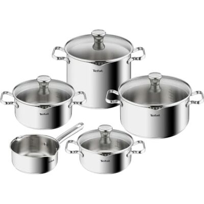 Tefal Batterie de cuisine Duetto Induction 9 pièces Inox Casserole vitrocéramique et induction avec couvercles filtrants Égouttage facile Graduations et base Thermo-Fusion Tefal Batterie de cuisine Duetto Induction 9 pièces Inox Casserole vitrocéramique et induction avec couvercles filtrants Égouttage facile Graduations et base Thermo-Fusion