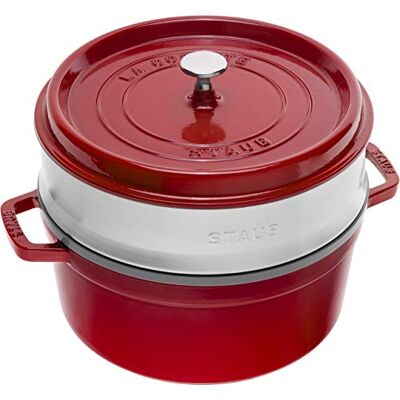STAUB Cocotte en Fonte Émaillée avec Couvercle et panier vapeur, Tous feux dont induction, 4 à 5 personnes, Ronde, 26 cm, 5 L, 7,2 kg, Cerise STAUB Cocotte en Fonte Émaillée avec Couvercle et panier vapeur, Tous feux dont induction, 4 à 5 personnes, Ronde, 26 cm, 5 L, 7,2 kg, Cerise