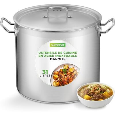 NutriChef Marmite Inox 35 QT (33,1 L) avec Couvercle – Grande Marmite à Soupe, Faitout Inox Tous Feux dont Induction – Grande Capacité Acier Inoxydable NutriChef Marmite Inox 35 QT (33,1 L) avec Couvercle – Grande Marmite à Soupe, Faitout Inox Tous Feux dont Induction – Grande Capacité Acier Inoxydable
