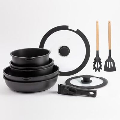 Bergner Click&Cook Batterie de Cuisine avec Poignée Extensible 2 Poêles, 2 Casseroles, 1 Friteuse, 2 Couvercles et 2 Ustensiles de Cuisine En Fonte d'Aluminium Revêtement Marbre Noir Antiadhésif Bergner Click&Cook Batterie de Cuisine avec Poignée Extensible 2 Poêles, 2 Casseroles, 1 Friteuse, 2 Couvercles et 2 Ustensiles de Cuisine En Fonte d'Aluminium Revêtement Marbre Noir Antiadhésif