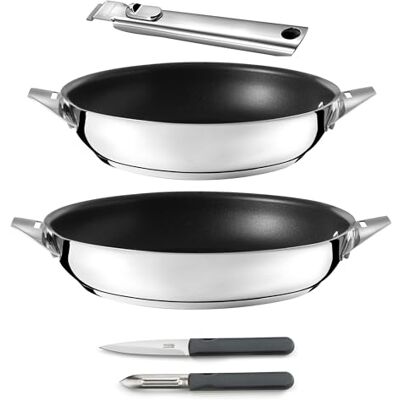 Cuisinox Eclipse Set cuisson et coutellerie Poêles 24/28 cm, éplucheur et couteau office Poignée amovible inox Revêtement Céramique Compatible tous feux dont induction Cuisinox Eclipse Set cuisson et coutellerie Poêles 24/28 cm, éplucheur et couteau office Poignée amovible inox Revêtement Céramique Compatible tous feux dont induction